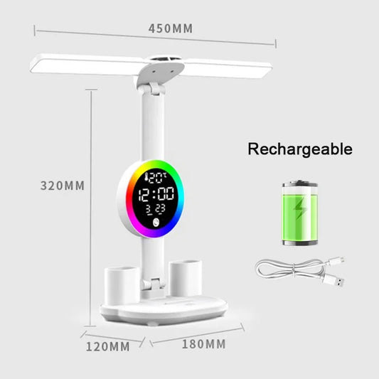 Rechargeable Or C-Type Plug In LED Table Lamp with Fan, Clock Display, and Adjustable Reading Light for Study and Night Use