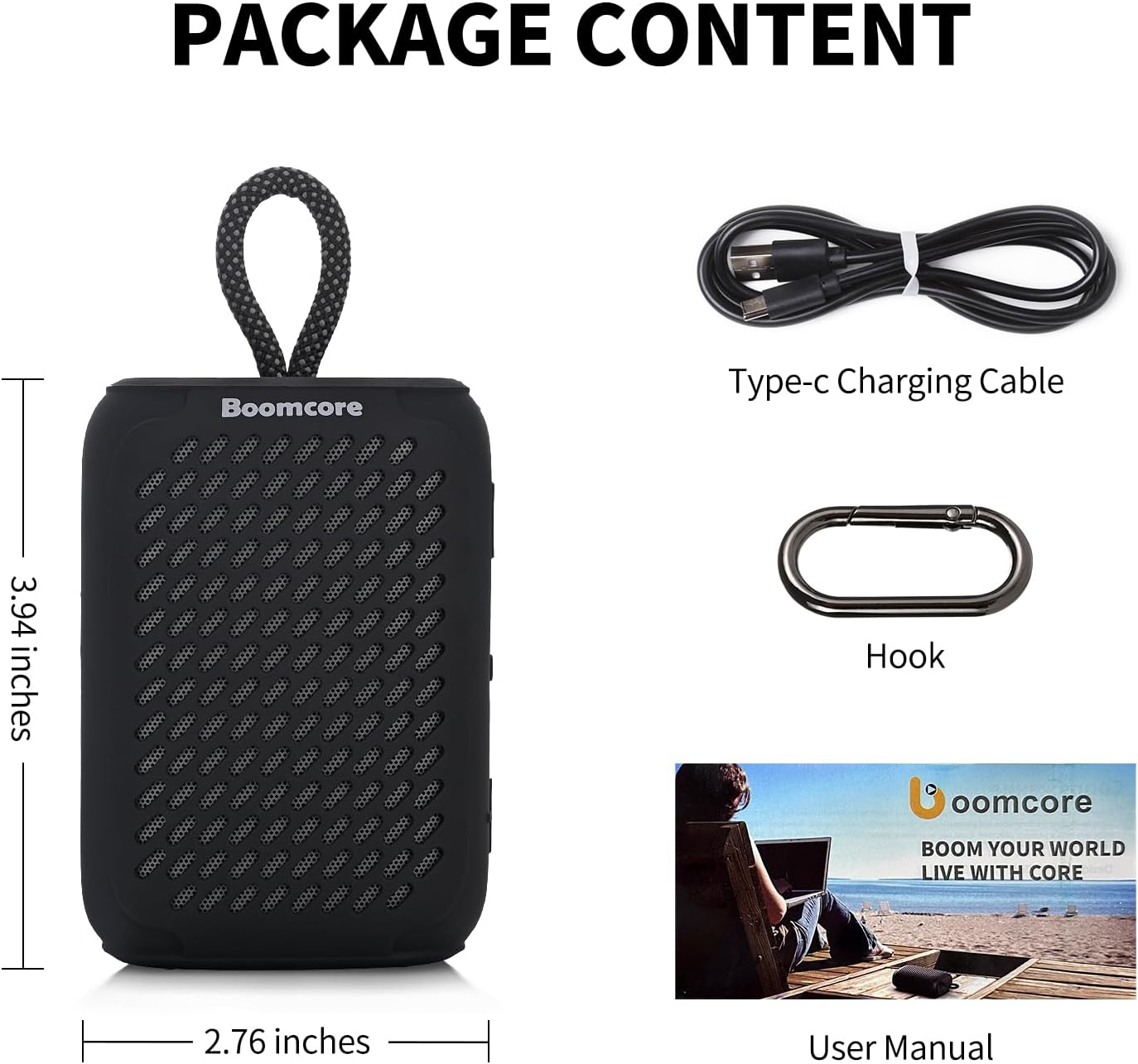 Boomcore Portable Bluetooth Speakers Waterproof Small Speaker with Stereo Sound 12H Playtime Wireless Bluetooth Speaker IPX7 for Outdoor Shower - Black
