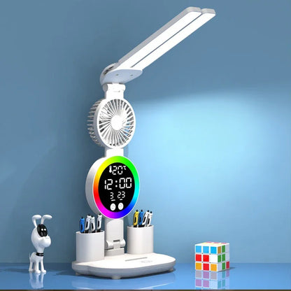 Rechargeable Or C-Type Plug In LED Table Lamp with Fan, Clock Display, and Adjustable Reading Light for Study and Night Use