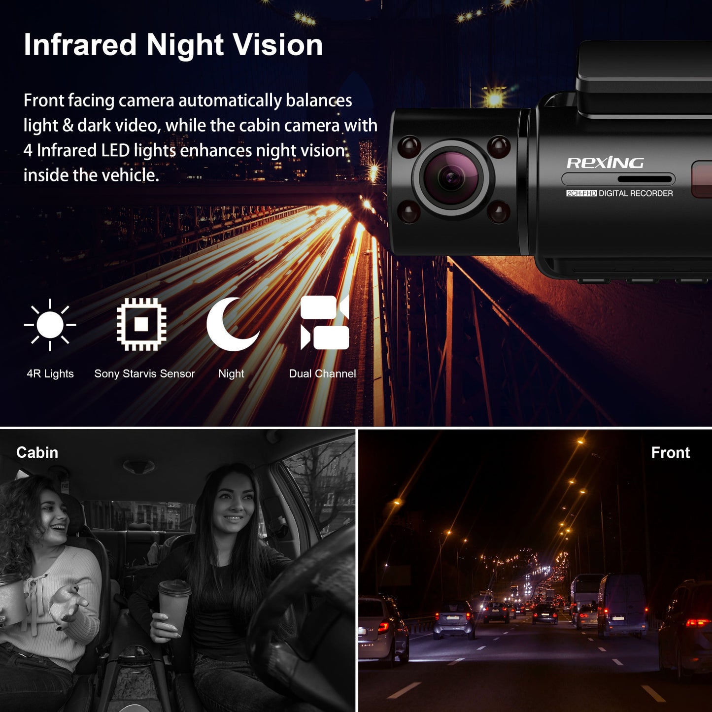 Rexing V3C Dual Camera Front and Inside Cabin Full HD 1080p Dash Cam with WiFi (Open Box)
